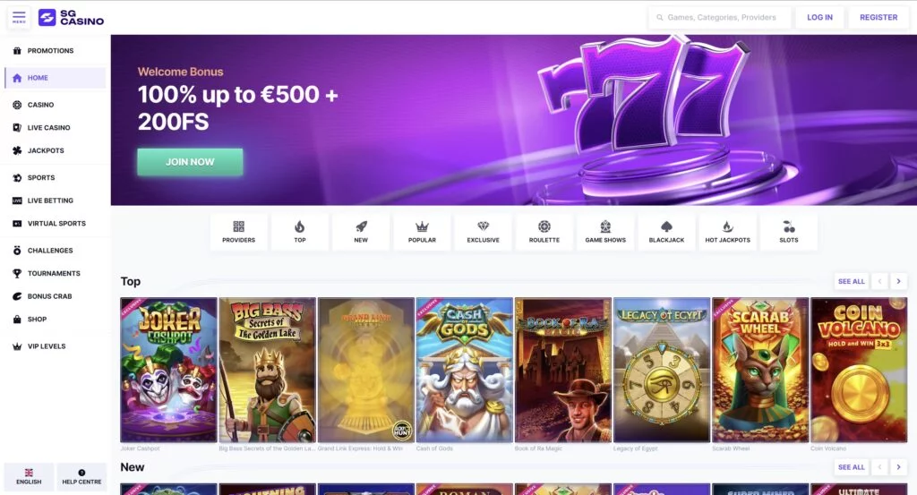 SG Casino – főoldal (kezdőképernyő)